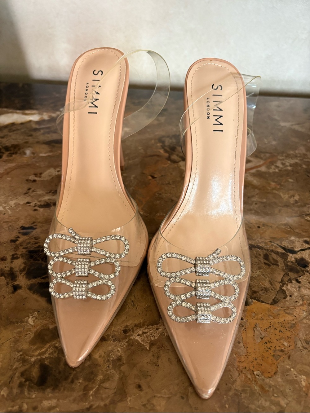 Nude Clear Slingback Heels with Crystal Bow